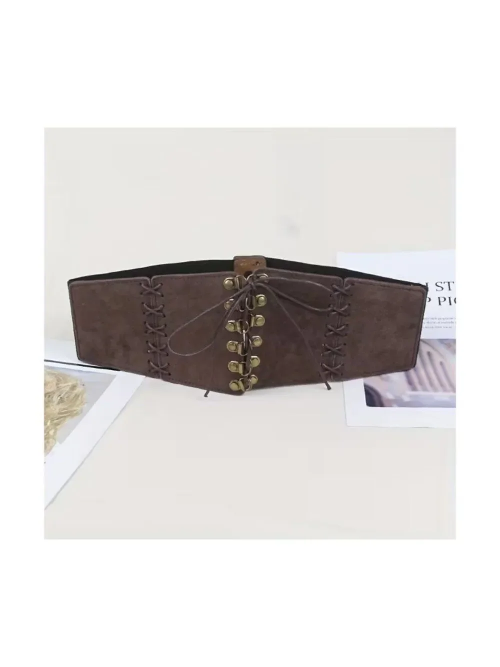 NWT Vintage Suede Lace Up Elastic Corset Waist Belt Cinch Black Coffe-Brown
